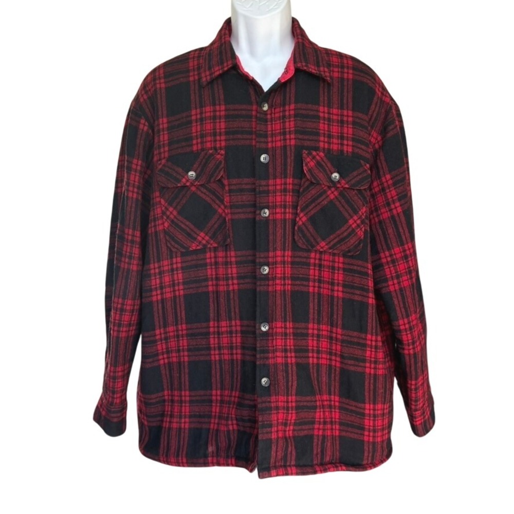 Vintage Wool Flannel Jacket Red Plaid Sz XL Quilted Lining Trucker Grunge